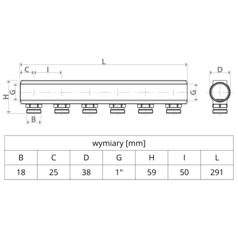 Belka rozdzielacza z gwintami eurocono (GZ) 1"x3/4" (6 obwodów)