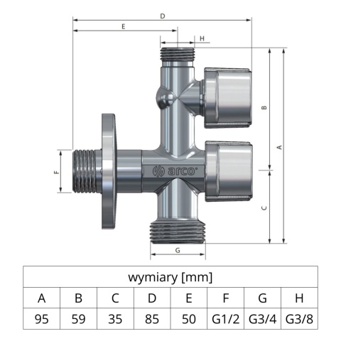 Zawór kątowy COMBI 1/2''x3/4''x3/8'' ARCO