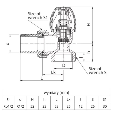 Zawór grzejnikowy zasilający, kątowy VALVEX ACTIV 1/2'' (DN15)