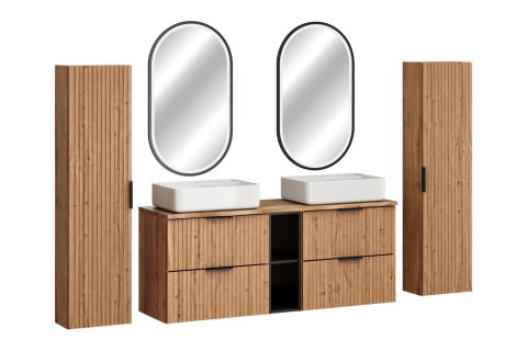 Zestaw meblowy 140cm z blatem, dwoma umywalkami nablatowymi Magic, szafkami wysokimi i lustrem LED