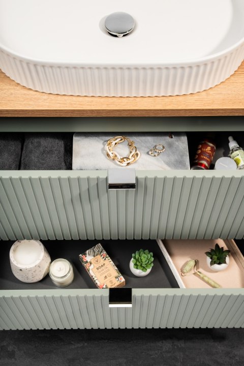 Zestaw meblowy 80cm Line Reed Green z blatem i czarną umywalką Zestaw meblowy 80cm Line Reed Green z blatem i czarną umywalką