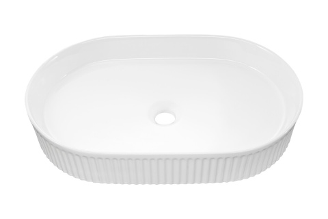 Szafka ASTER WHITE 60 cm z blatem OVALIA CREMONA, otwartymi regałami dolnymi oraz umywalką nablatową BEYOND