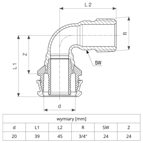 Kolano przejściowe VIEGA RAXOFIX 20x3/4'' 90°