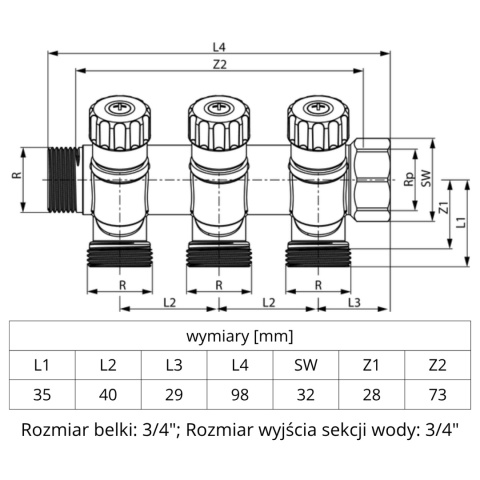 Uniwersalny rozdzielacz z zaworami odcinającymi TECE (2 sekcje)